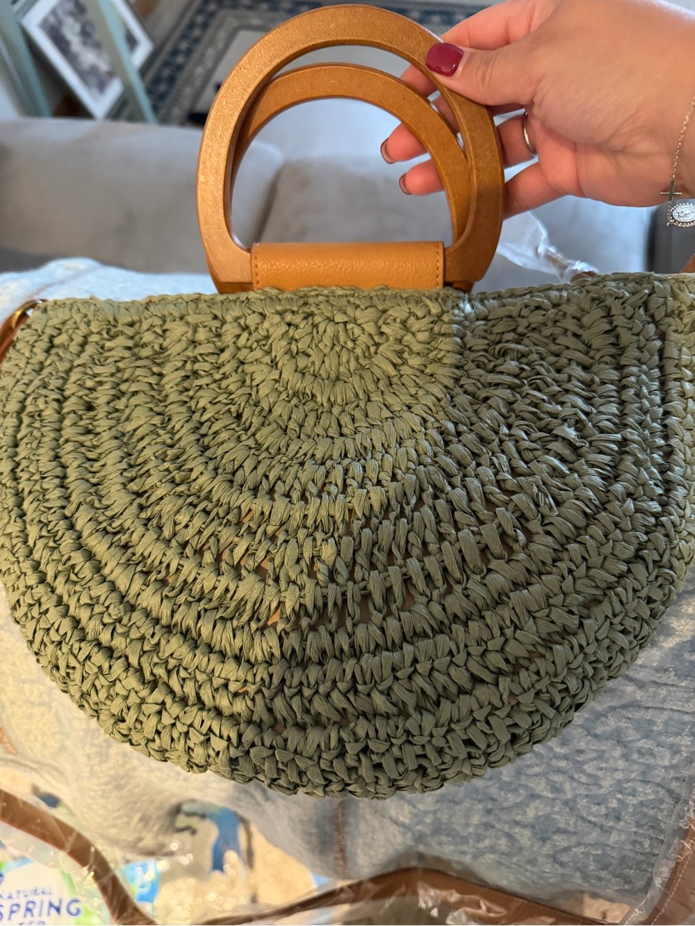 Sonoma Olive Green Woven Half-Moon Crossbody with Tan Wooden Handles